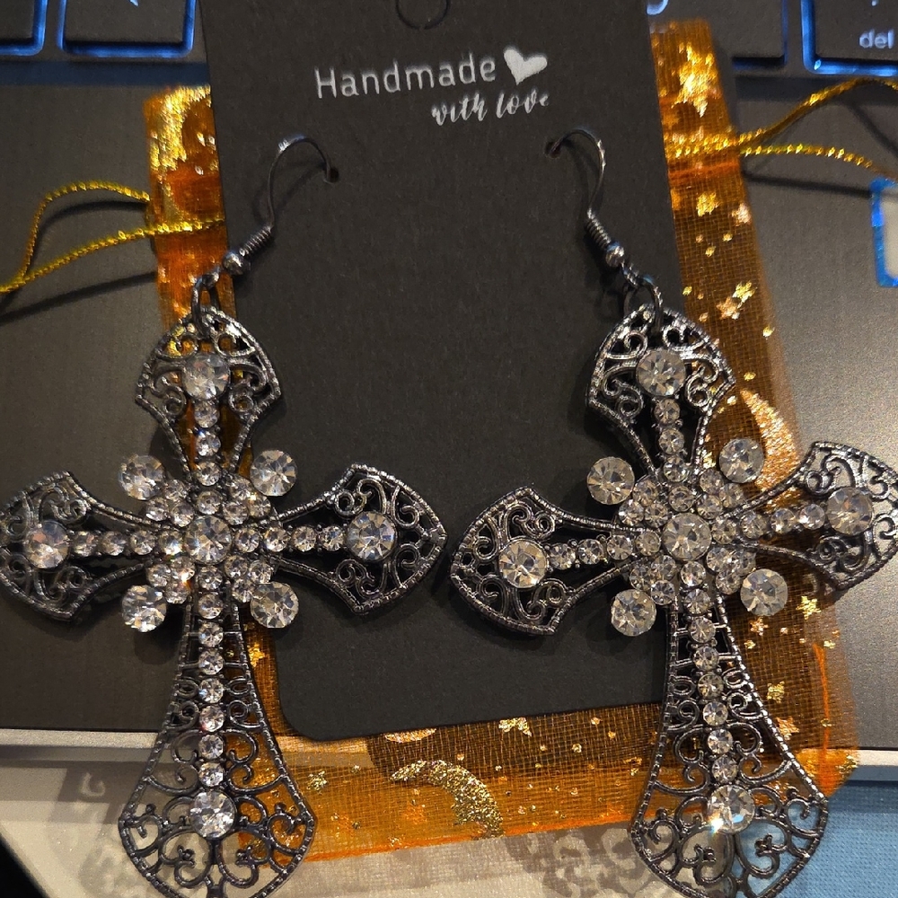 Silver Cross Earrings with Rhinestones